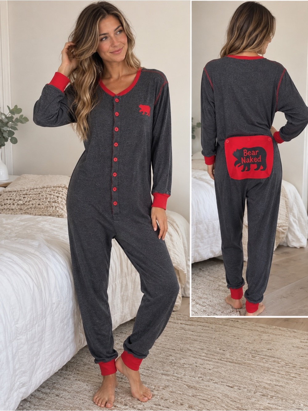 Little Blue House Bear Naked Adult L/XL Union Suit Pajamas One Piece Gray Red